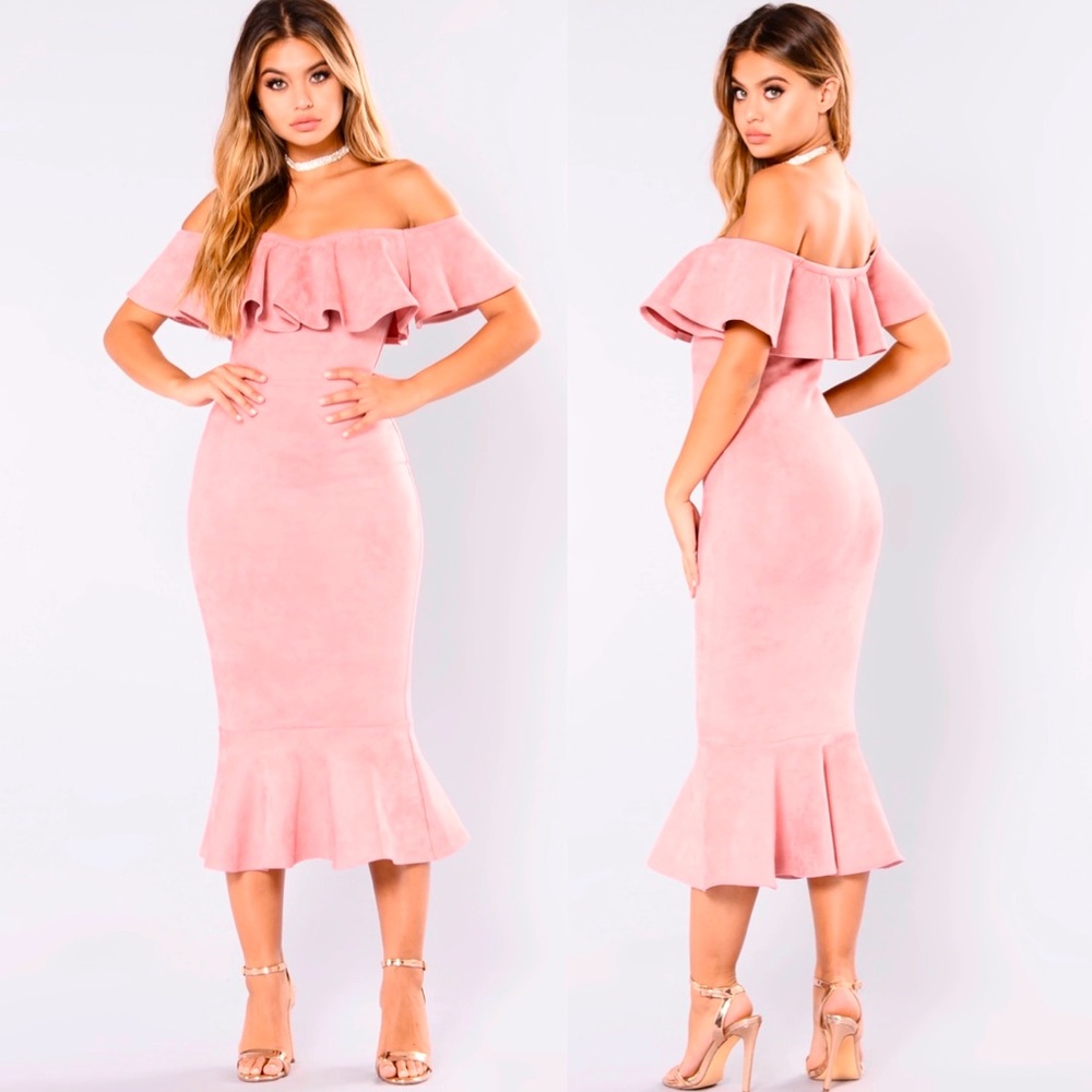 Off Shoulder Mermaid Style Pink Mellon Scuba Bodycon Midi Dress Size M